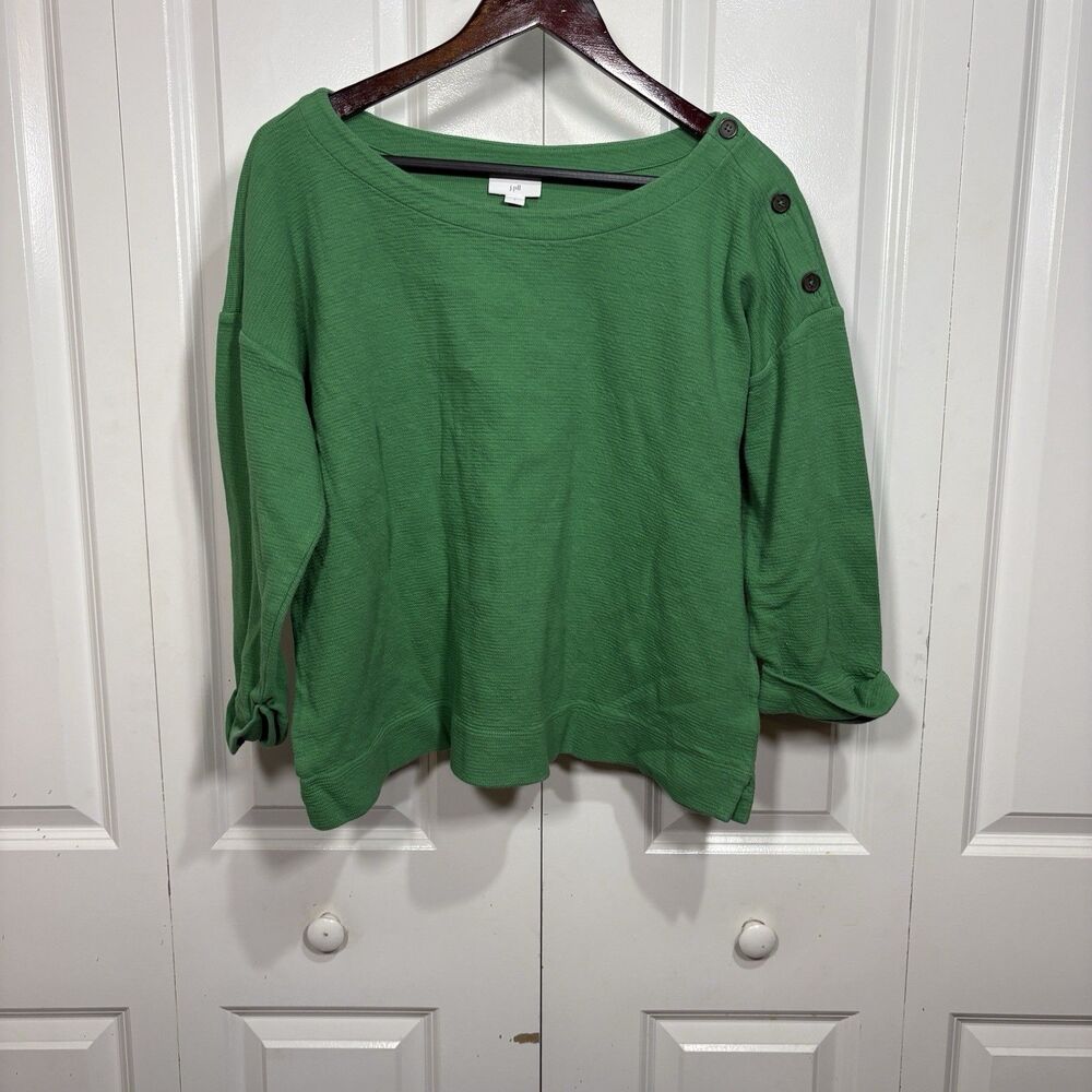 J. Jill Pullover Top Women L Green Button Shoulder 3/4 Sleeve Boho Lagenlook